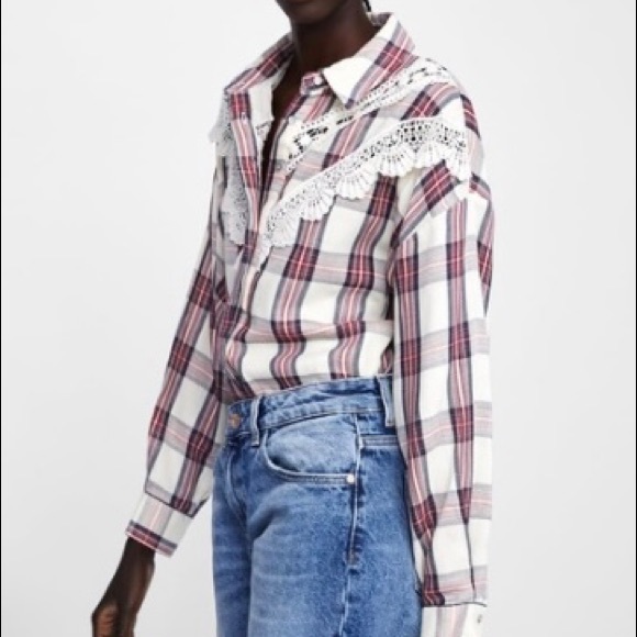 Zara Plaid Shirt Lace Trim Button Down Long Sleeve - Picture 4 of 9